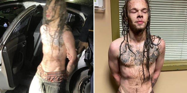 The sheriff’s office posted pictures of a muddy, shirtless and shoeless Davenport being detained.