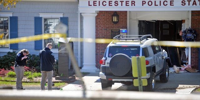 Leicester Police Chief Kenneth Antanavica said the vehicle was almost entirely inside the station's lobby when officers arrived.