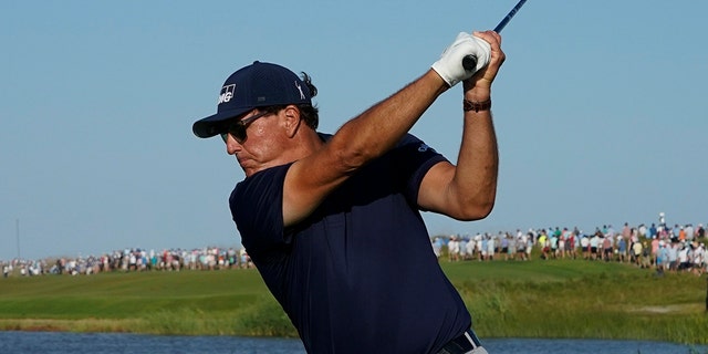 Phil Mickelson hits off the 16th tee during the final round at the PGA Championship on May 23, 2021, in Kiawah Island, South Carolina.