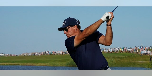 Phil Mickelson hits off the 16th tee during the final round at the PGA Championship on May 23, 2021, in Kiawah Island, South Carolina.