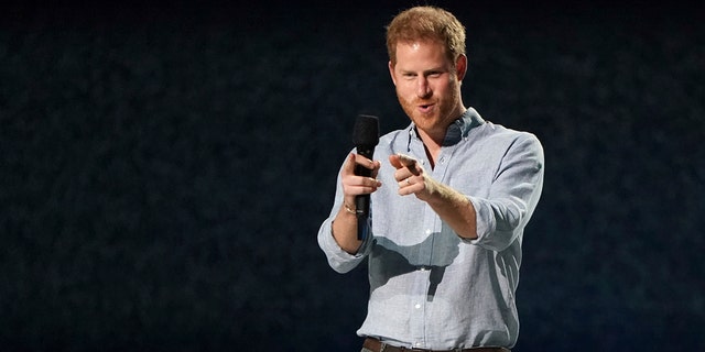 Prince Harry, Duke of Sussex, speaks at "Vax Live: The Concert to Reunite the World" on Sunday, May 2, 2021, at SoFi Stadium in Inglewood, Calif. (Photo by Jordan Strauss/Invision/AP)