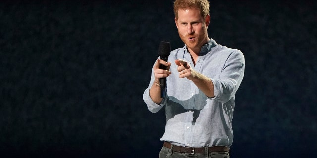 Prince Harry, Duke of Sussex, speaks at "Vax Live: The Concert to Reunite the World" on Sunday, May 2, 2021, at SoFi Stadium in Inglewood, Calif.