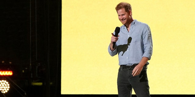 Prince Harry, Duke of Sussex, speaks at "Vax Live: The Concert to Reunite the World" on Sunday, May 2, 2021, at SoFi Stadium in Inglewood, Calif.