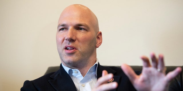 Rep. Anthony Gonzalez, R-Ohio, talks during an interview about the annual NFLPA Externship program in Washington on Thursday, March 5, 2020. The Ohio Republican Party on Friday called on Gonzalez to resign. (Photo by Caroline Brehman/CQ-Roll Call, Inc via Getty Images)