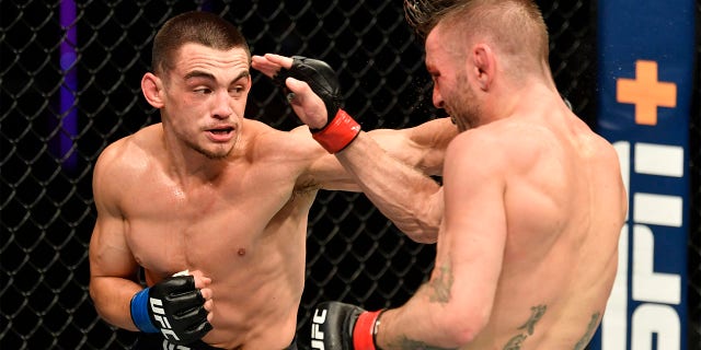 Ryan Benoit, left, punches Tim Elliott, right, in their flyweight fight during the UFC Fight Night event inside Flash Forum on UFC Fight Island on July 16, 2020 in Yas Island, Abu Dhabi, United Arab Emirates. (Photo by Jeff Bottari/Zuffa LLC via Getty Images)