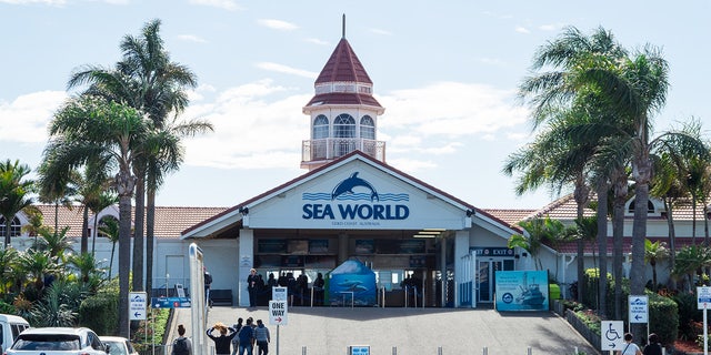 Entrance to Sea World amusement park at Main Beach on the Gold Coast, a popular tourist attraction.