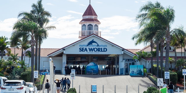 Entrance to Sea World amusement park at Main Beach on the Gold Coast, a popular tourist attraction.