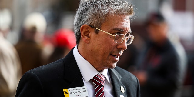 Wyoming state Sen. Anthony Bouchard who is challenging Rep. Liz Cheney, R-Wyo., in the primary race, speaks to supporters after a rally against Cheney on January 28, 2021 in Cheyenne, Wyoming. (Photo by Michael Ciaglo/Getty Images)