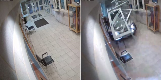 The moments before and after a vehicle crashed into the lobby of the station.
