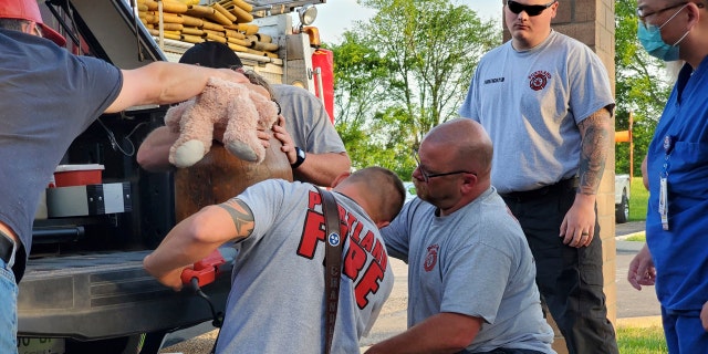 Emergency workers assess the situation after Dorian Strubing gets stuck up to his neck.