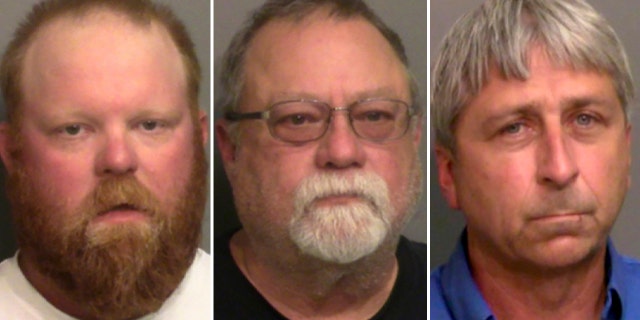 This combo of booking photos provided by the Glynn County, Ga., Detention Center, shows from left, Travis McMichael, his father Gregory McMichael, and William "Roddie" Bryan Jr. (Glynn County Detention Center via AP)