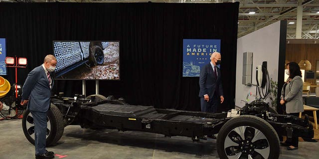 President Biden got a look at the F-150 Lightning's electric chassis. 