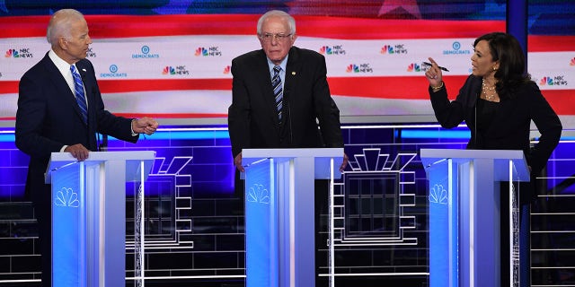 Joe Biden, Bernie Sanders and Kamala Harris during the second Democratic primary debate in Miami, Florida, June 27, 2019.
