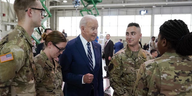 President Joe Biden speaks with service members at Joint Base Langley-Eustis in Hampton, Va., Friday, May 28, 2021. (AP Photo/Patrick Semansky)