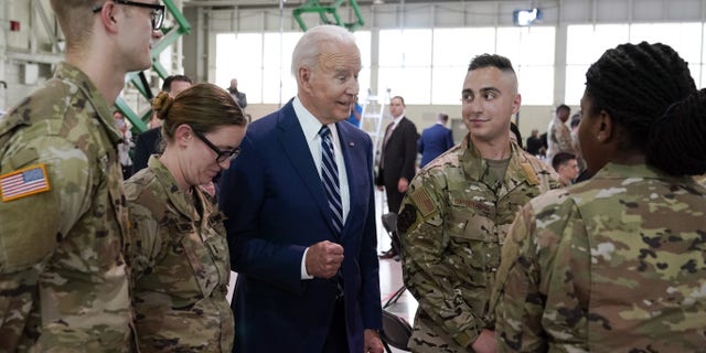 President Joe Biden speaks with service members at Joint Base Langley-Eustis in Hampton, Va., Friday, May 28, 2021. (AP Photo/Patrick Semansky)