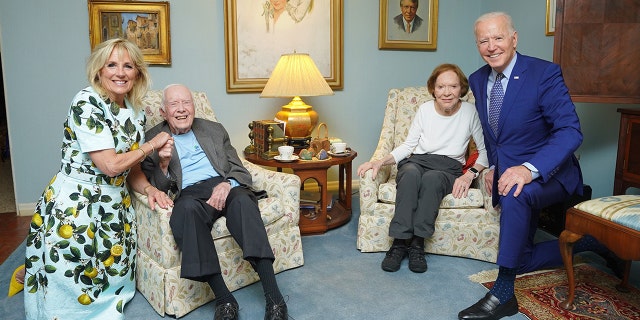 First Lady Jill and President Joe Biden visit with former President Jimmy Carter and former First Lady Rosalynn Carter on April 29, 2021 at the Carters' home in Georgia.