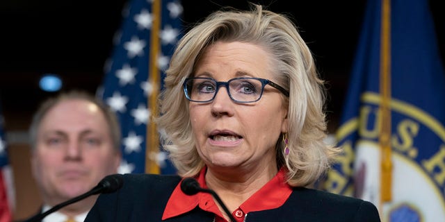 FILE - In this Feb. 13, 2019 file photo, House Republican Conference chair Rep. Liz Cheney, R-Wyo., talks to reporters during a news conference at the Capitol in Washington. 