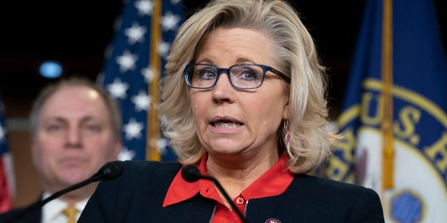 In this Feb. 13, 2019 file photo, House Republican Conference chair Rep. Liz Cheney, R-Wyo., with House Minority Whip Steve Scalise, R-La., at right, talks to reporters during a news conference at the Capitol in Washington.