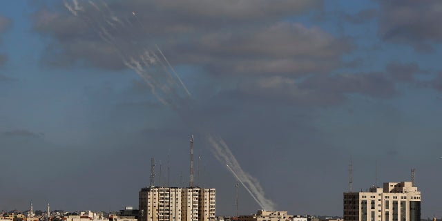 Rockets are launched from the Gaza Strip into Israel on Monday. (AP)