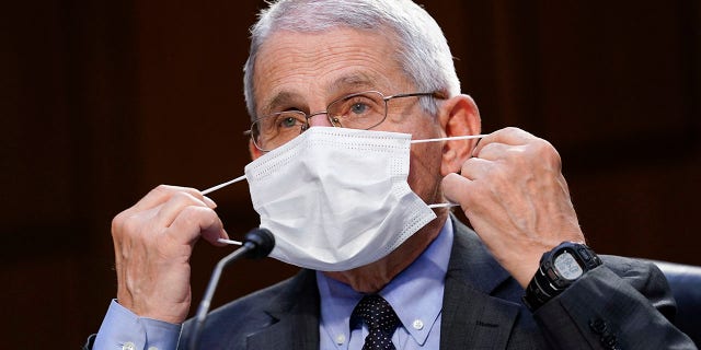 Dr. Anthony Fauci adjusts his face mask during a Senate Health, Education, Labor and Pensions Committee hearing on the federal coronavirus response.