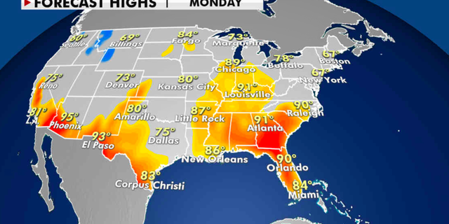 Forecast high temperatures for Monday. (Fox News)