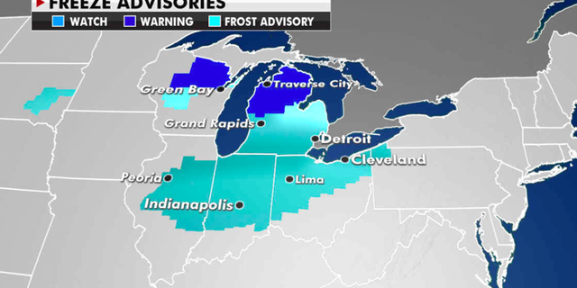 Freeze advisories in effect Monday. (Fox News)