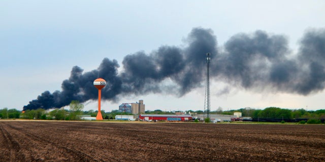 Smoke comes from a train derailment in Sibley, Iowa, on Sunday. (AP / Sioux City Journal)