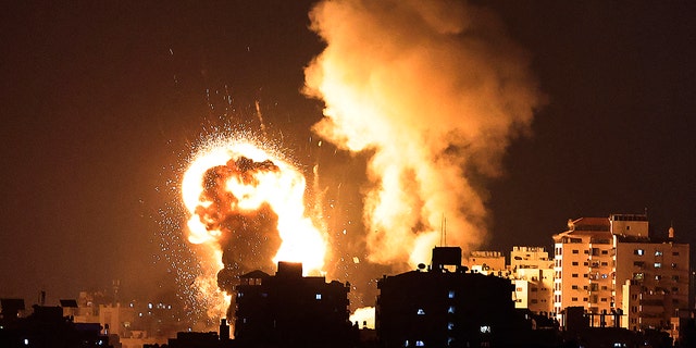 A picture shows Israeli air strikes in the Gaza Strip, controlled by the Palestinian Islamist movement Hamas, on May 10, 2021. (Photo by MAHMUD HAMS / AFP) (Photo by MAHMUD HAMS/AFP via Getty Images)