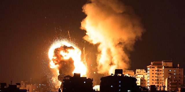 A picture shows Israeli air strikes in the Gaza Strip, controlled by the Palestinian Islamist movement Hamas, on May 10, 2021. (Photo by MAHMUD HAMS / AFP) (Photo by MAHMUD HAMS/AFP via Getty Images)