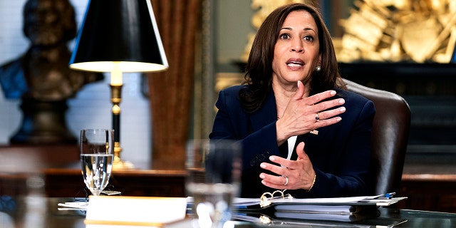 Vice President Kamala Harris speaks during a meeting with Guatemalan justice sector leaders, in the Vice President's Ceremonial Office at the Eisenhower Executive Office Building on the White House complex, Wednesday, May 19, 2021. (AP Photo/Manuel Balce Ceneta)