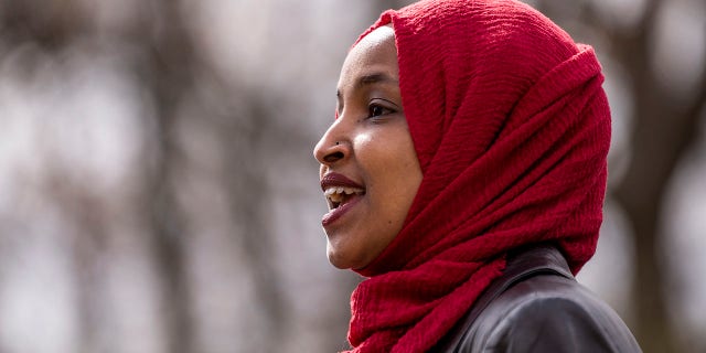 Rep. Ilhan Omar, D-Minn., speaks during a press conference at a memorial for Daunte Wright on April 20, 2021 in Brooklyn Center, Minnesota. Omar is at the center of some of the worst intra-party sniping the Democratic Party has seen in years. (Photo by Stephen Maturen/Getty Images)