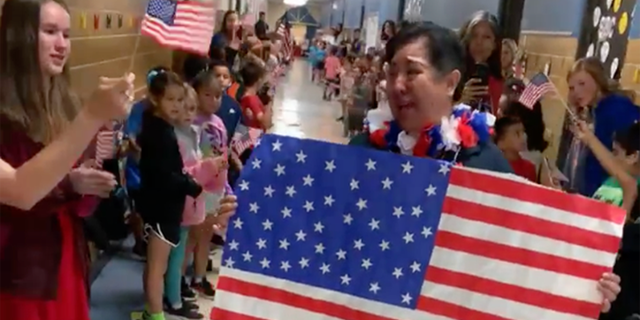Students and teachers at an elementary school in Texas surprised a cafeteria worker who became a U.S. citizen earlier this month with a celebratory parade.