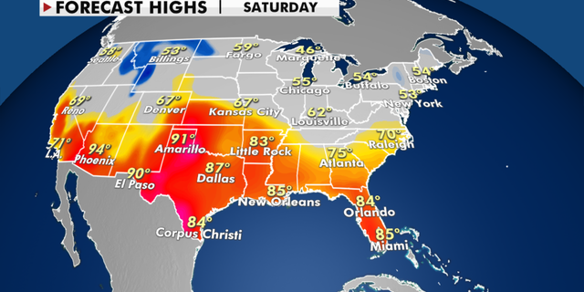 Forecast high temperatures for Saturday. (Fox News)
