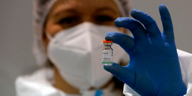 FILE - In this Tuesday, Jan. 19, 2021 file photo, a medical worker poses with a vial of the Sinopharm's COVID-19 vaccine in Belgrade, Serbia. A key World Health Organization panel is set on Friday, May 7 to decide whether to authorize emergency of a Chinese-made COVID-19 vaccine. The review by a WHO technical advisory group potentially paves the way for millions of doses of a Sinopharm vaccine to reach needy countries through a U.N.-backed distribution program in the coming weeks or months. (AP Photo/Darko Vojinovic, file)