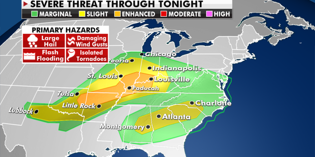 Storm threats throughout Monday, May 3. (Fox News)