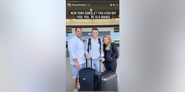 Lisa Wilson posted a photo with her husband Mike and their son Zach, documenting the quarterback’s departure from Utah to New York.