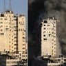 A tower building in Gaza City on May 12, 2021, before and after it was destroyed by Israeli airstrikes amid a flare-up of Israeli-Palestinian violence, May 13, 2021. (REUTERS/Ibraheem Abu Mustafa/Suhaib Salem)