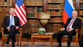 US President Joe Biden (L) meets with Russian President Valdimir Putin at the 'Villa la Grange' in Geneva on June 16, 2021. (Photo by DENIS BALIBOUSE / POOL / AFP)