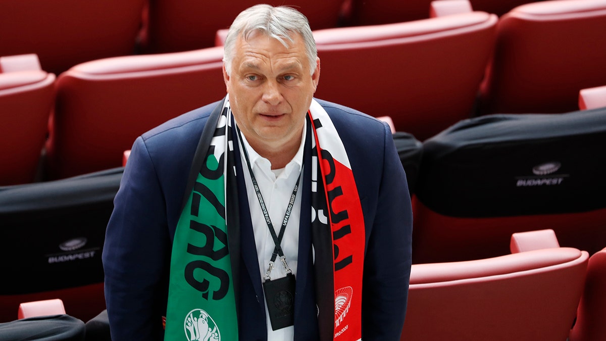 FILE - In this Tuesday, June 15, 2021 file photo Hungary's Prime Minister Viktor Orban attends the Euro 2020 soccer championship group F match between Hungary and Portugal at the Ferenc Puskas stadium in Budapest, Hungary.  (AP Photo/Laszlo Balogh, Pool, File)