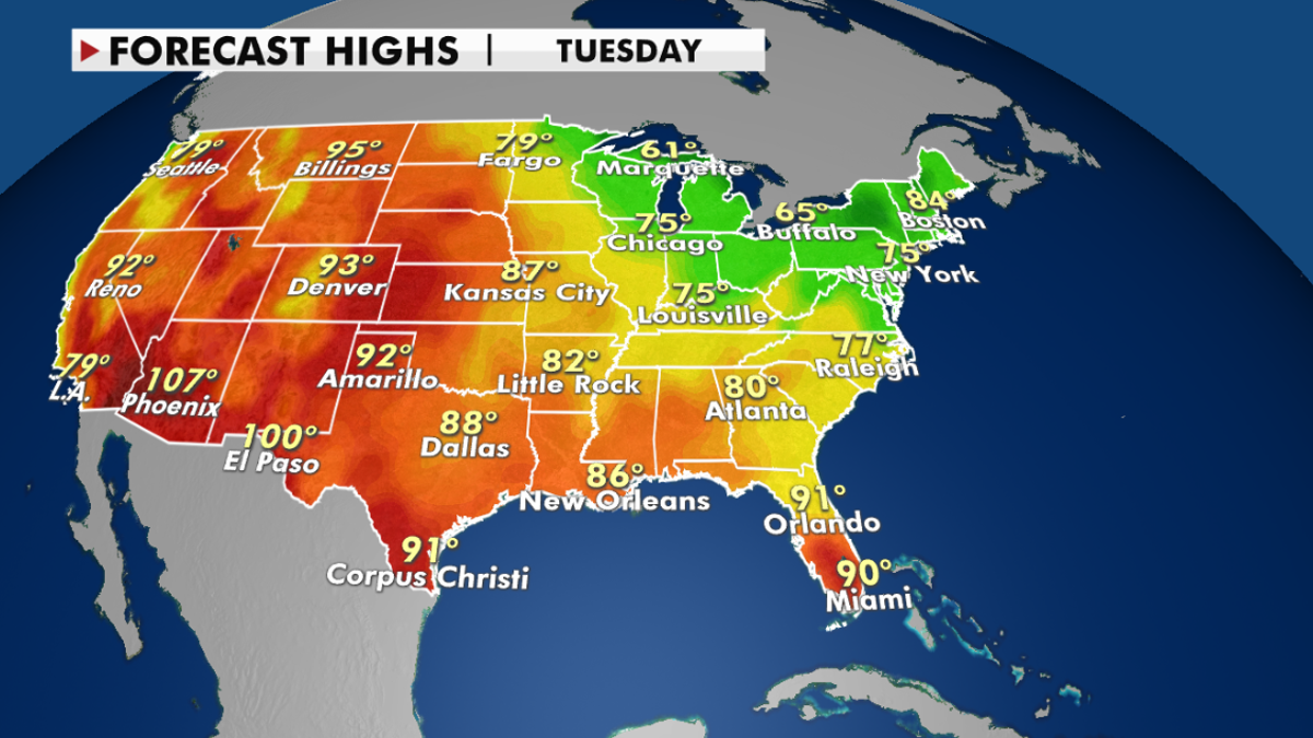 Forecast high temperatures for Tuesday. (Fox News)