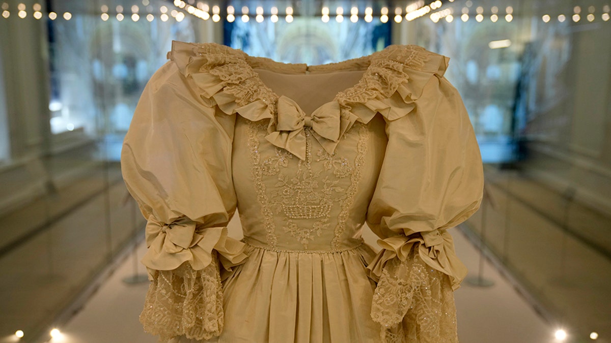 The "Royal Style in the Making" exhibition explores the intimate relationship between fashion designer and royal client. The exhibition opened on Thursday and will run through Jan. 2, 2022. (AP Photo/Matt Dunham)