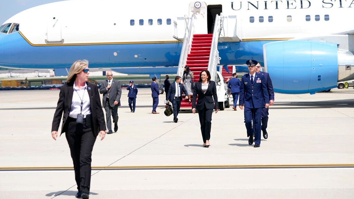 Vice President Kamala Harris deplanes Air Force Two after a technical issue forced the aircraft to return and land at Andrews Air Force Base, Md., Sunday, June 6, 2021, as she was en route to Guatemala City.