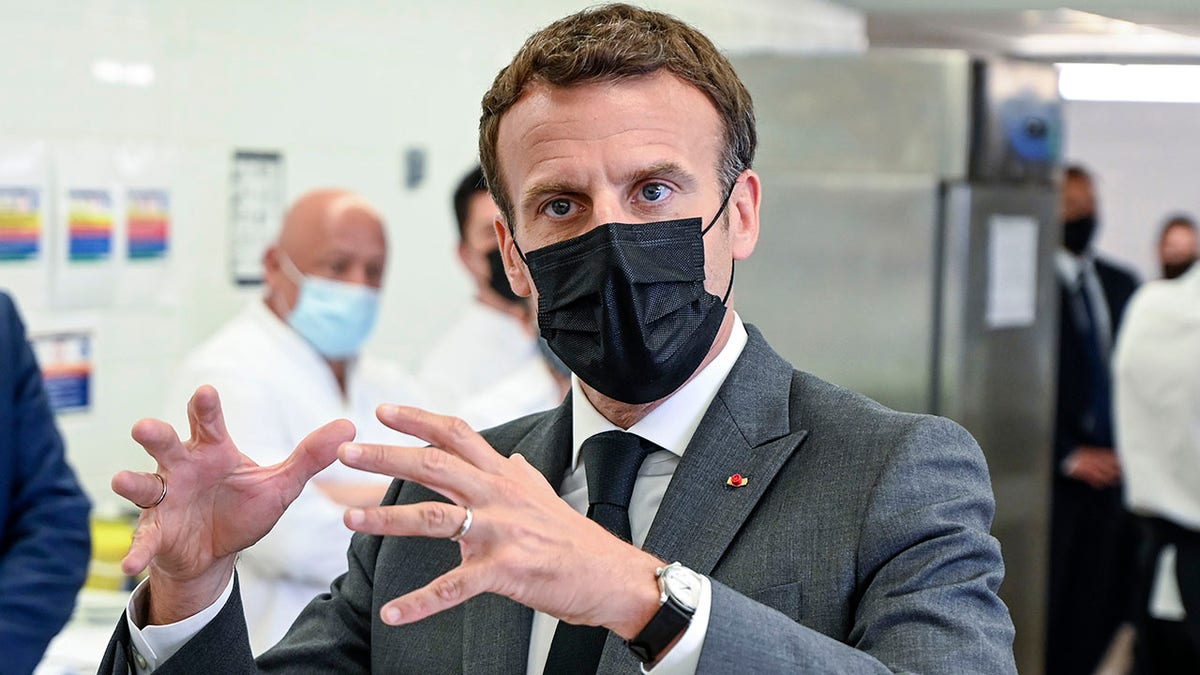 French President Emmanuel Macron talks to journalists Tuesday June 8, 2021 at the Hospitality school in Tain-l'Hermitage, France (Philippe Desmazes, Pool via AP)