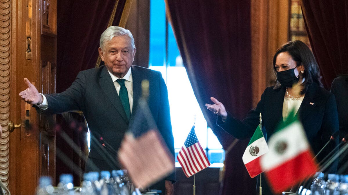 June 8, 2021: Vice President Kamala Harris and Mexican President Andres Manuel Lopez Obrador arrive for a bilateral meeting at the National Palace in Mexico City. (AP Photo/Jacquelyn Martin)