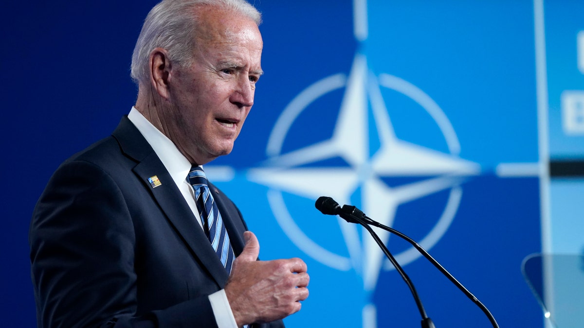 President Joe Biden speaks during a news conference at the NATO summit at NATO headquarters in Brussels, Monday, June 14, 2021. (AP Photo/Patrick Semansky)