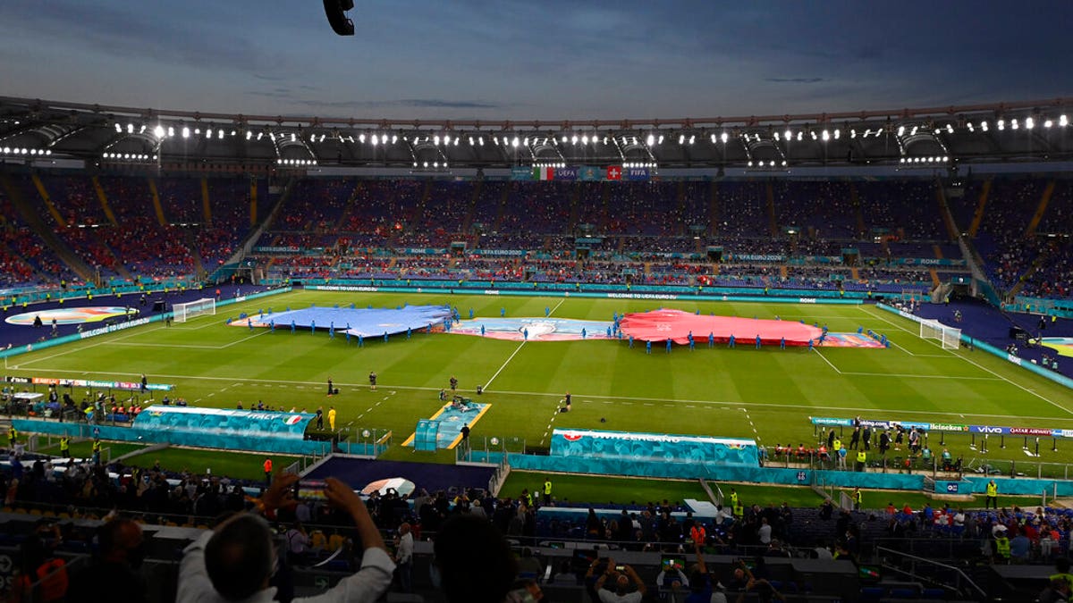 A view of the stadium prior of the Euro 2020 soccer championship group A match between Italy and Switzerland at the Rome Olympic stadium, Wednesday, June 16, 2021. (AP Photo/Riccardo Antimiani, Pool)