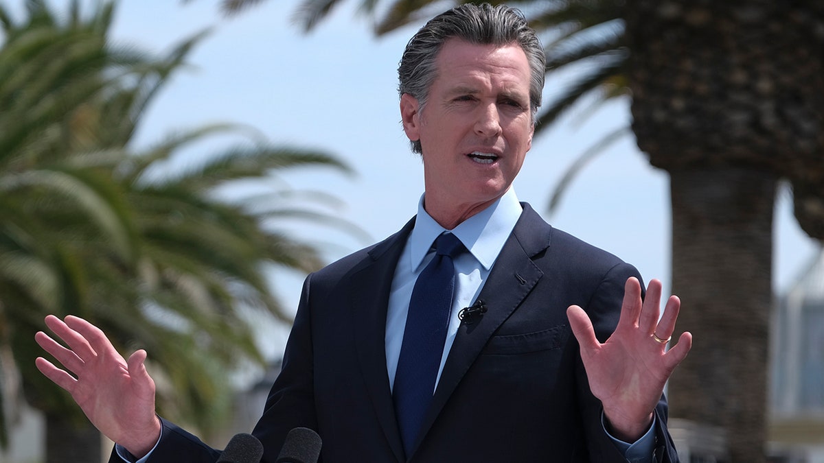 California Gov. Gavin Newsom talks during a news conference at Universal Studios in Universal City, Calif. Newsom and state legislative leaders are negotiating about whether to extend the state's ban on evictions for unpaid rent on June 15, 2021. (AP Photo/Ringo H.W. Chiu, File)