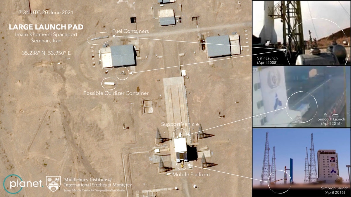 This satellite image provided by Planet Labs Inc. that has been annotated by experts at the James Martin Center for Nonproliferation Studies at Middlebury Institute of International Studies shows preparation at the Imam Khomeini Spaceport in Iran's Semnan province on  June 20, 2021 before what experts believe will be the launch of a satellite-carrying rocket. Iran likely conducted a failed launch of a satellite-carrying rocket in recent days and now appears to be preparing to try again, their latest effort to advance their space program amid tensions with the West over its tattered nuclear deal. (Planet Labs Inc., James Martin Center for Nonproliferation Studies at Middlebury Institute of International Studies via AP)