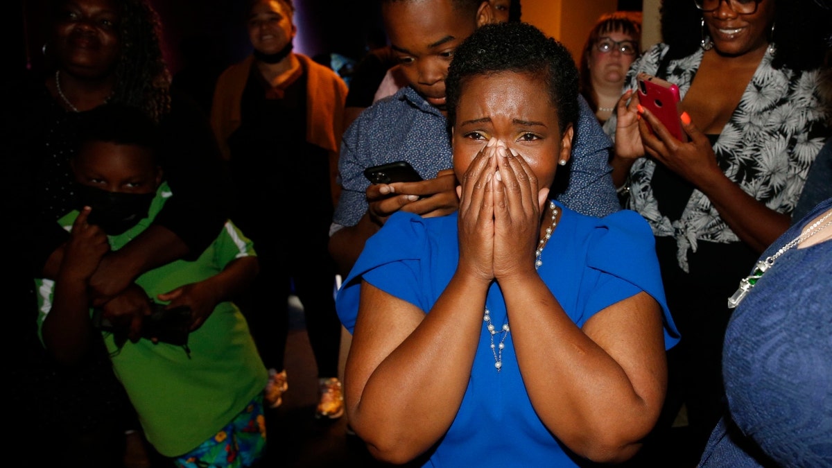 Democratic Buffalo mayoral primary candidate India Walton reacts when her supporters tell her with 94% of the vote in that she's going to be the winner against Byron Brown, Tuesday, June 22, 2021 in Buffalo, N.Y. (Robert Kirkham/Buffalo News)