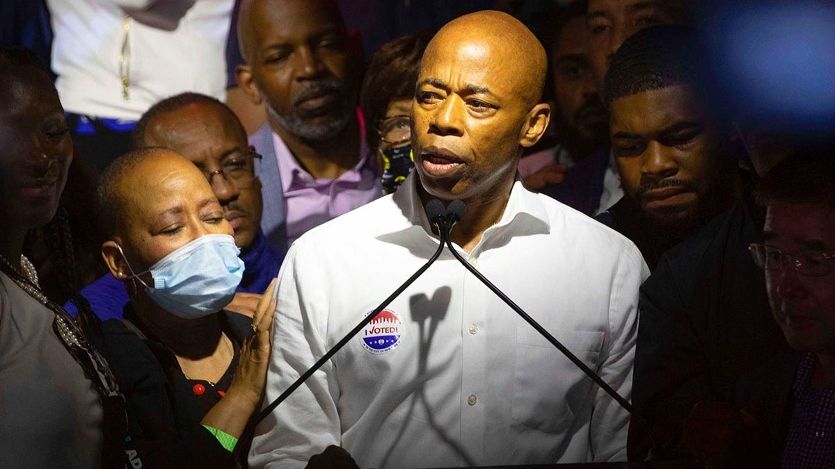 In this June 22, 2021, file photo, Democratic mayoral candidate Eric Adams addresses supporters at his primary election night party in New York. (AP Photo/Kevin Hagen, File).